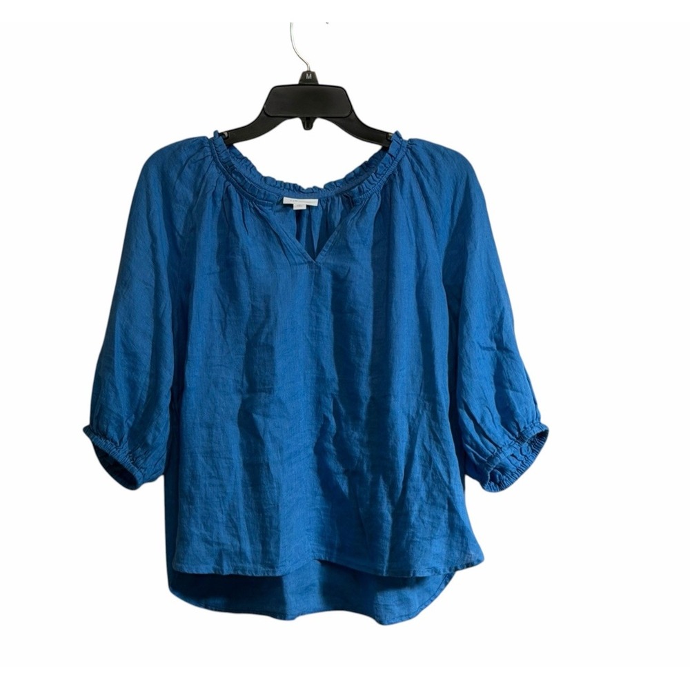 J Jill Love Linen Small Petite Relaxed Peasant Ruffled Top in Blue Puff Sleeve